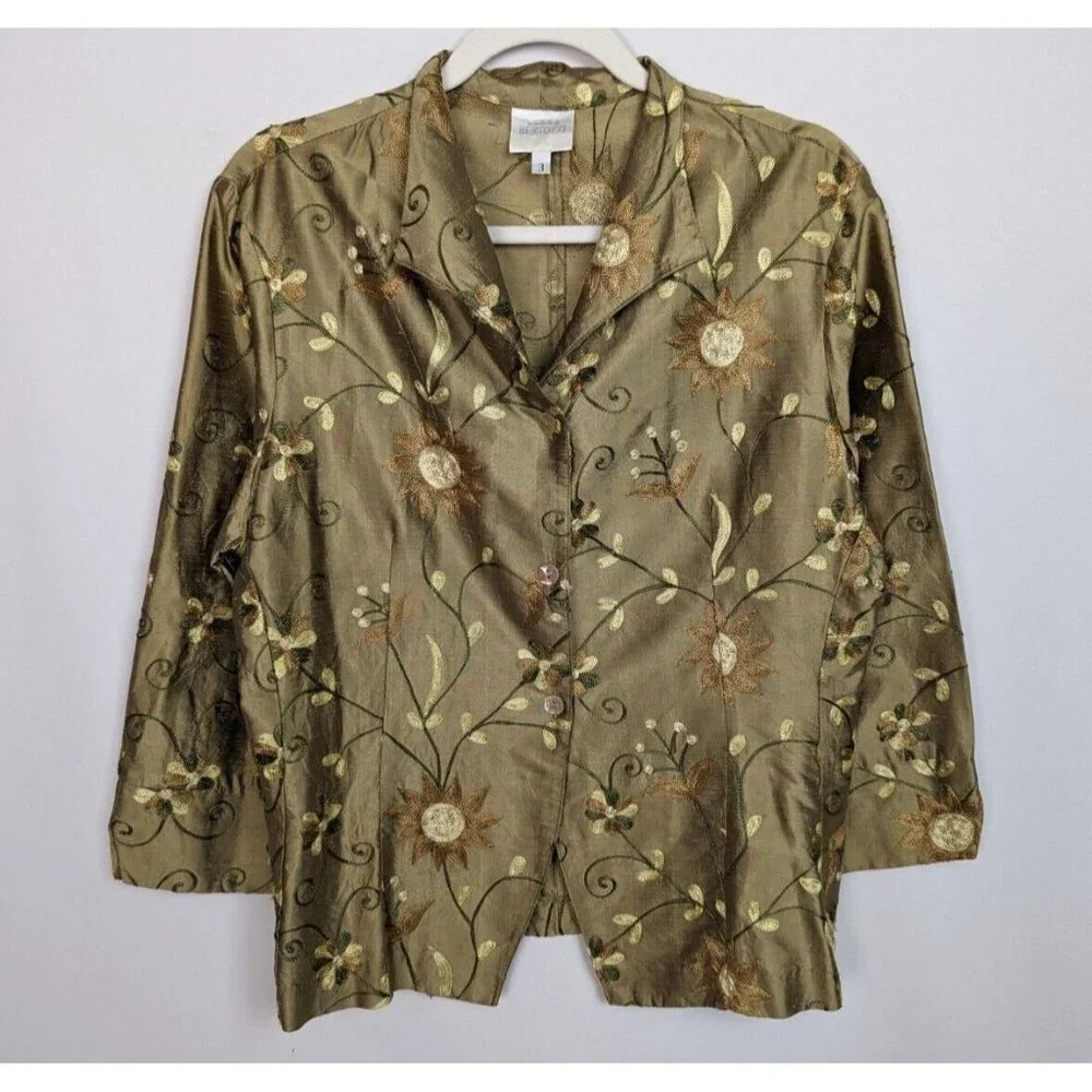 Linda Bertozzi 3/M Fine Wearable Art Boho Silk Embroidered Floral Shirt Jacket